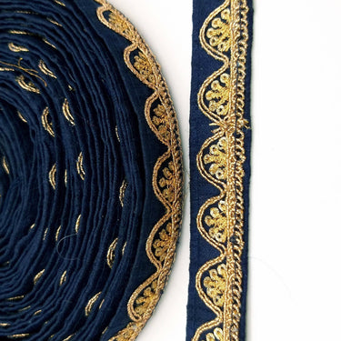 Navy Blue Art Silk Trim with Gold Embroidery and Sequins Indian Sari Border Trim By 3 Yards Decorative Trim Craft Lace